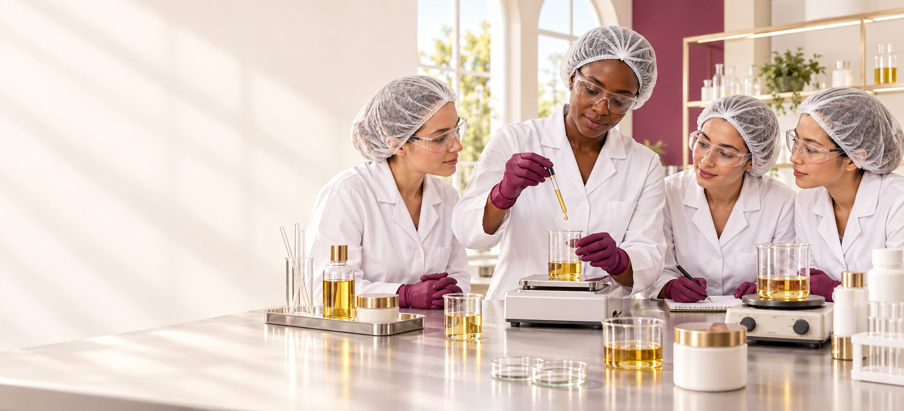Illustration d’un atelier de formulation cosmétique : une formatrice et trois participantes en blouse, gants, charlotte et lunettes de protection