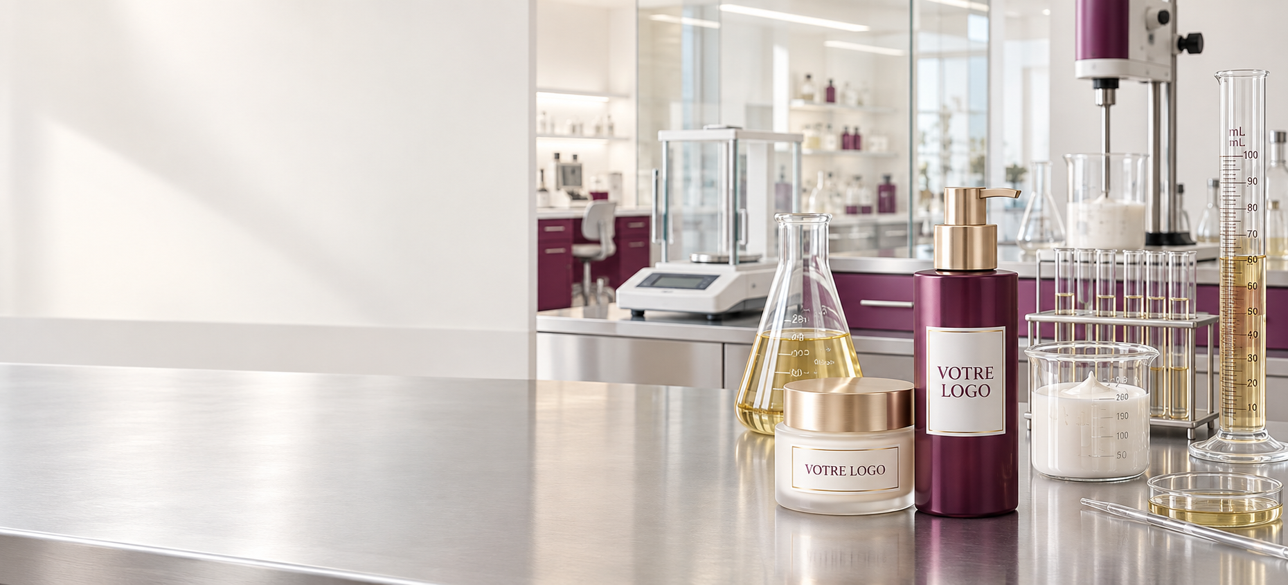 Illustration d’un laboratoire cosmétique lumineux avec éprouvettes, balance et produits prune et or étiquetés Votre logo